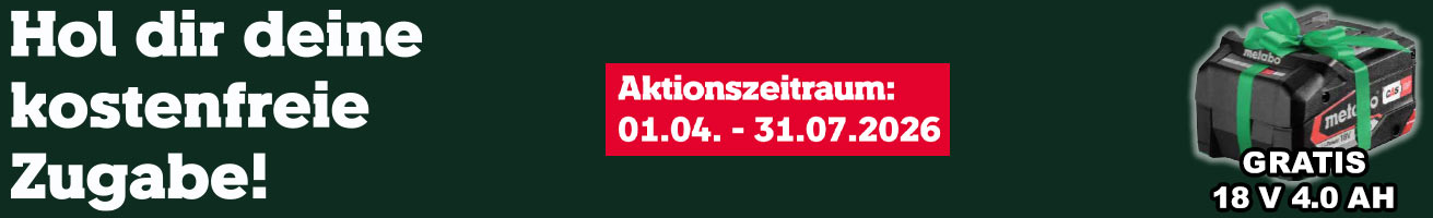 Hol dir deine kostenfreie Zugabe von Metabo! Gratis 18 Volt Akku!